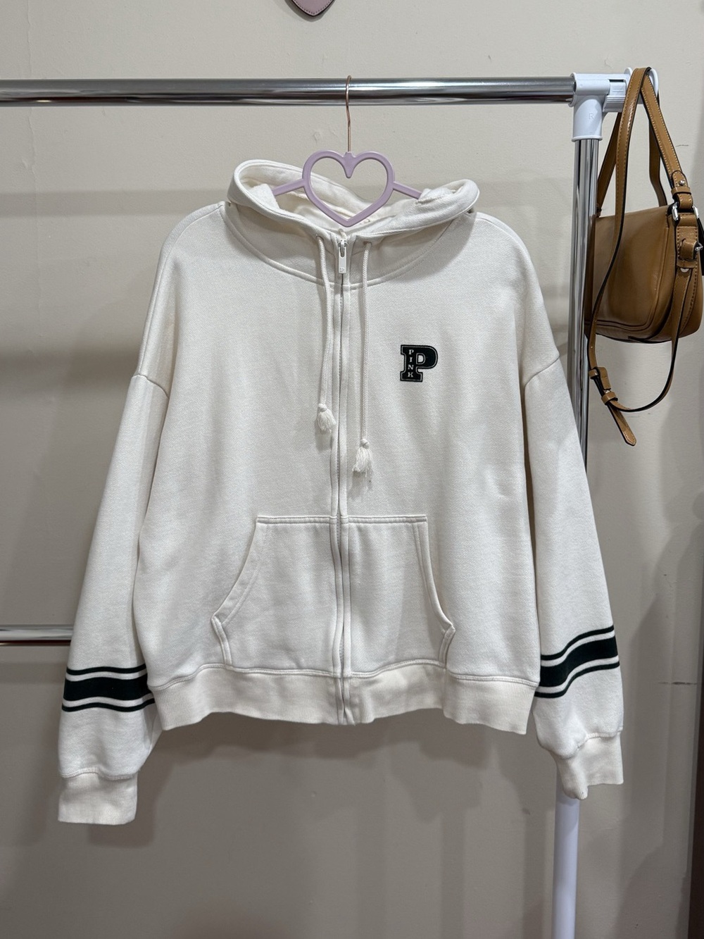 Victoria’s Secret PINK Cream Full Zip Hoodie Striped Sleeve Size S